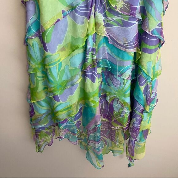 Tadashi Shoji Y2K Floral Tiered Ruffle Silk Watercolor Sleeveless Dress - Picture 9 of 11